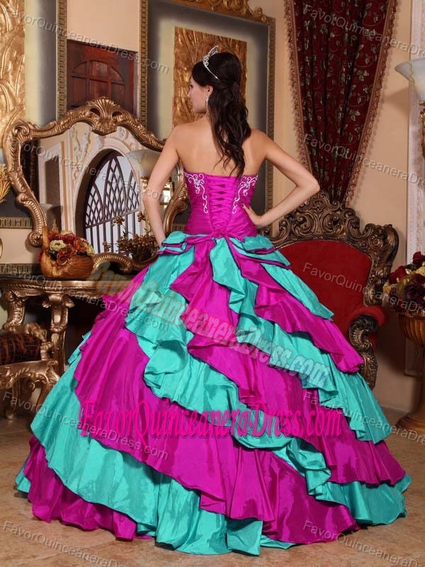 Ball Gown Strapless Taffeta Embroidery Quince Dresses in Multi-color and Red