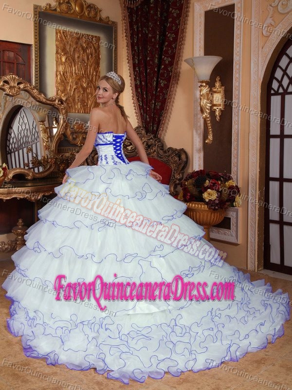 White Strapless Organza Appliqued Quinceanera Dresses with Detachable Train