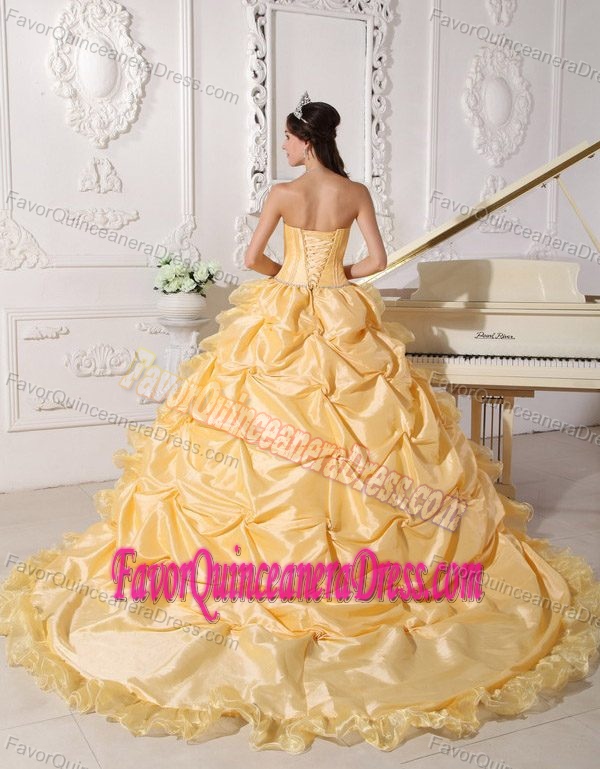 Gold Ball Gown Strapless Taffeta Beaded Quince Dresses with Chapel Train
