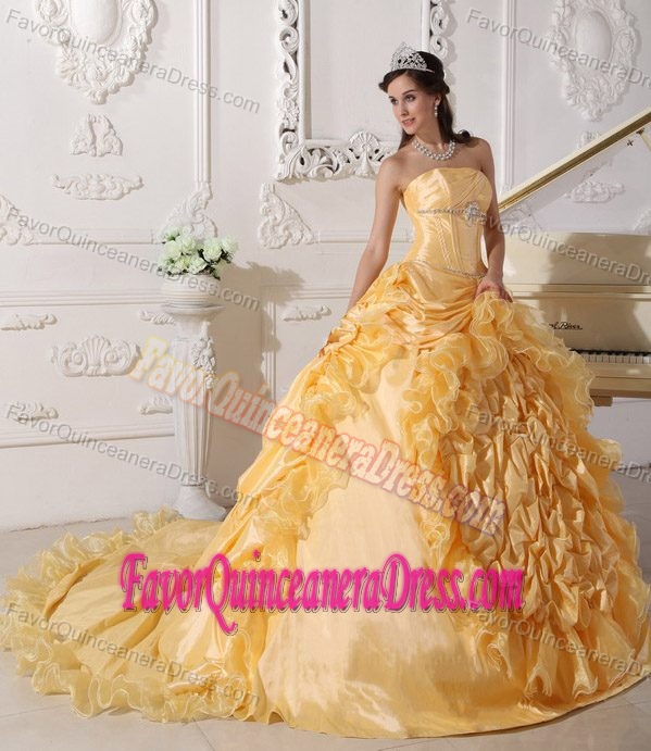 Gold Ball Gown Strapless Taffeta Beaded Quince Dresses with Chapel Train