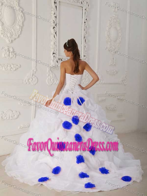 White Strapless Organza Beaded Quinceanera Dress with Handle Flower