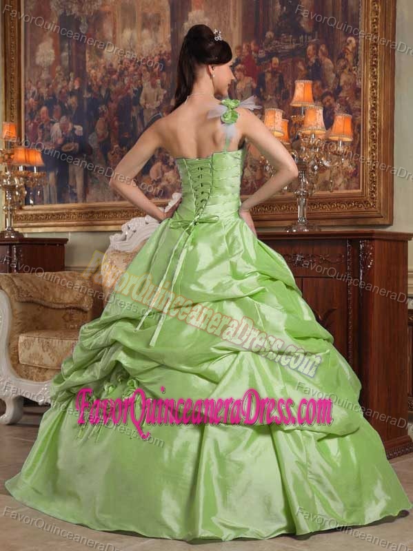 Rolling Flowers Taffeta Yellow Green Quinceanera Gown with One Shoulder