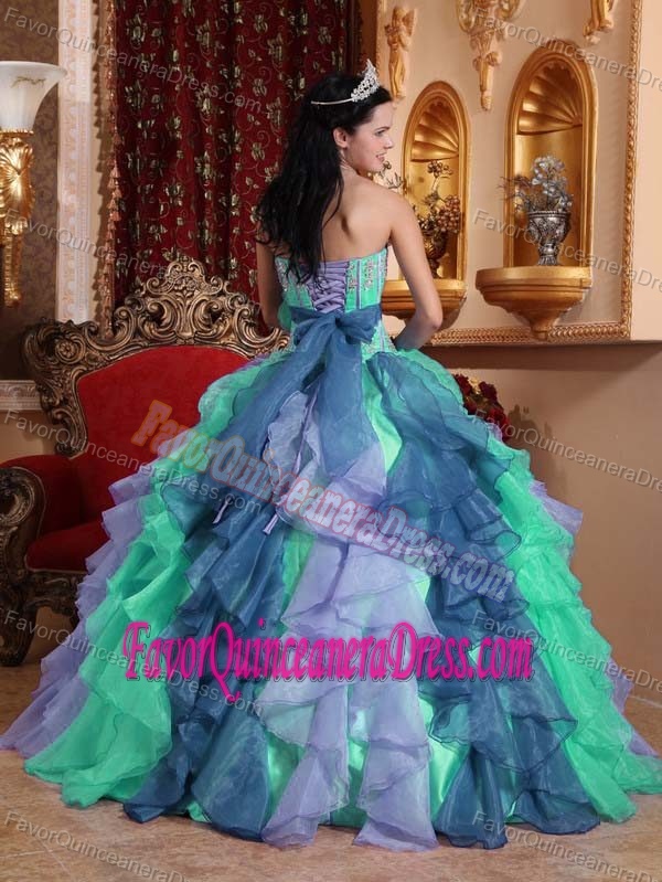Beaded and Appliqued Multi-color Organza Quince Dresses with Sweetheart