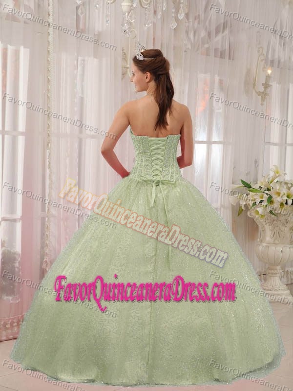 Floor-length Beaded Apple Green Ball Gown Quinces Dresses with Sweetheart