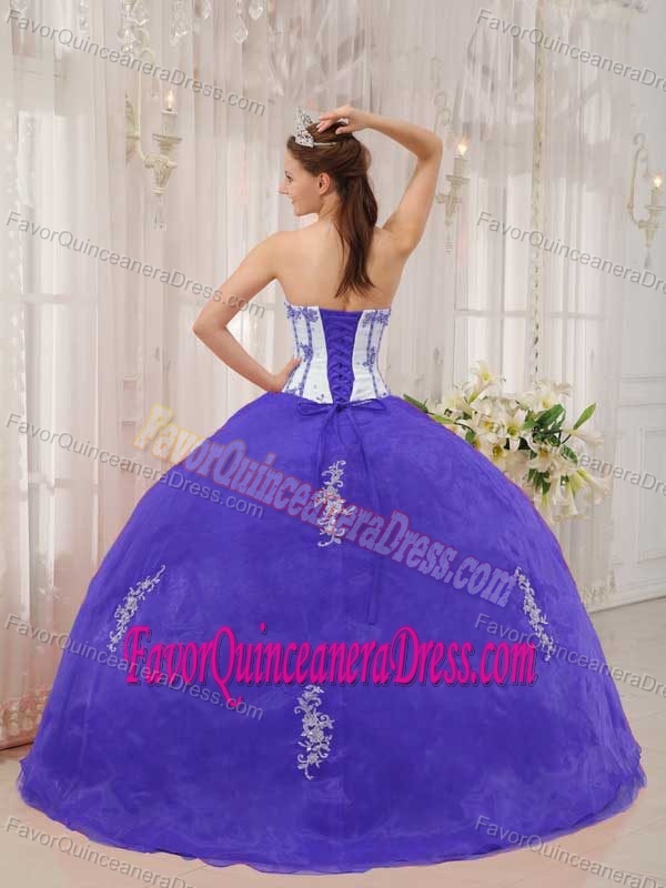 Taffeta and Organza White and Purple Quinceanera Gown with Appliques