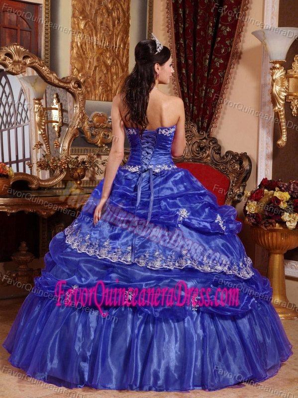 Blue Quinceanera Gown Dresses in Organza with Appliques and Pickups on Sale