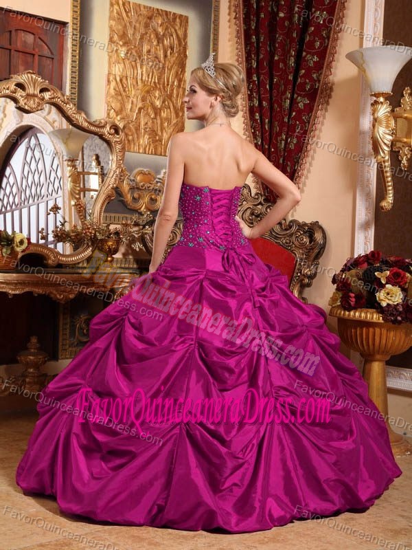 Fuchsia Strapless Taffeta Quinceanera Gown Dresses with Beads and Pickups