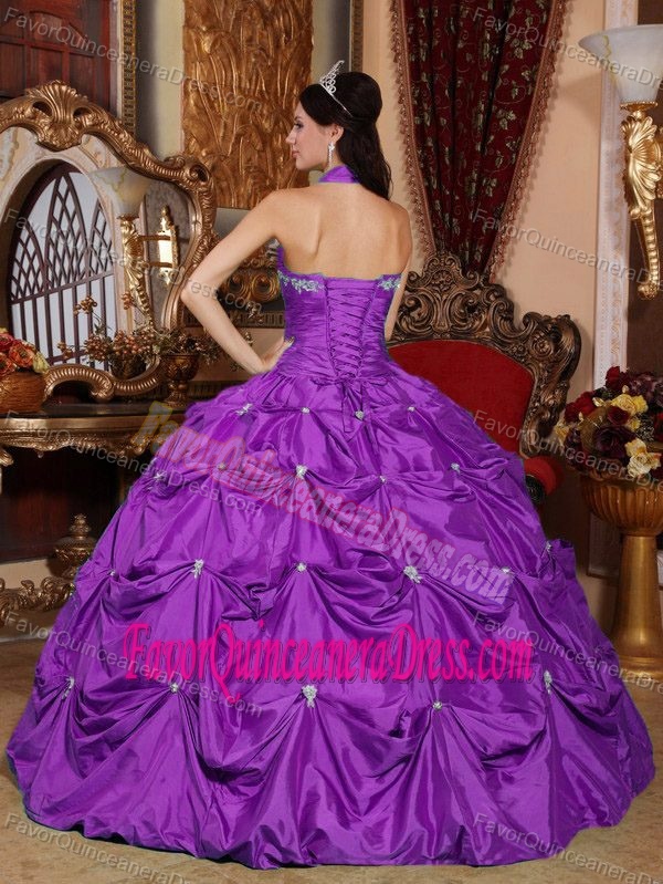 Purple Halter Top Floor-length Quinceanera Dress with Appliques in Taffeta