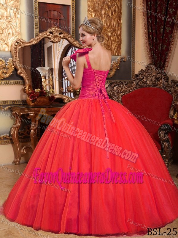 One Shoulder Floor-length Tulle Beaded Quinceanera Dress in Coral Red