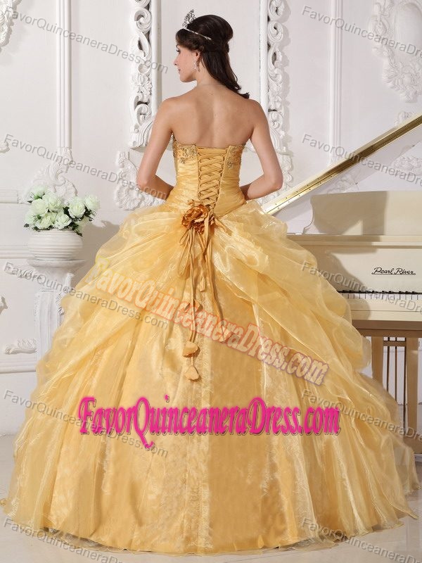 Gold Beaded Organza Quinceanera Dress with Embroidery and Handmade Flower
