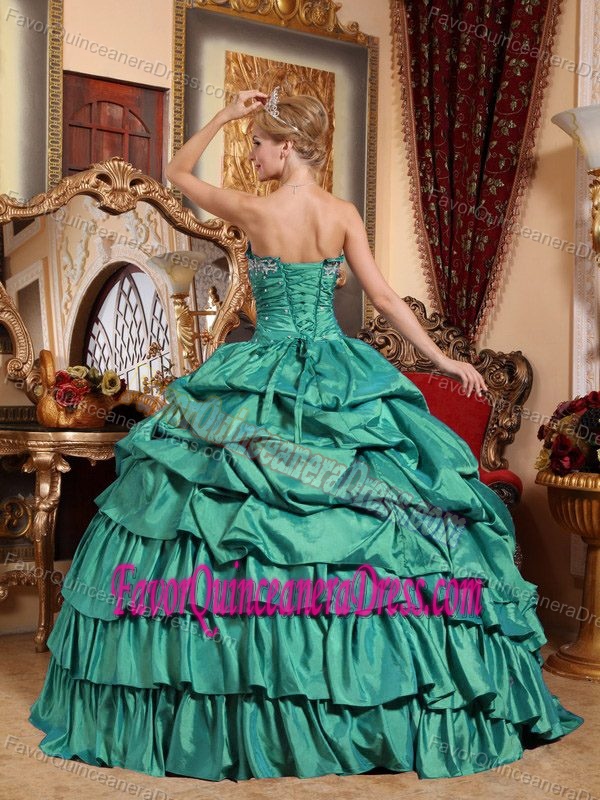 Turquoise Dresses for Quince with Pick-ups and Appliques in Taffeta