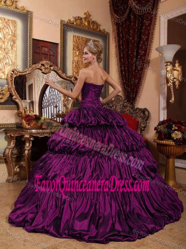 Eggplant Purple Chapel Train Taffeta Quince Gown with Appliques and Pick-ups