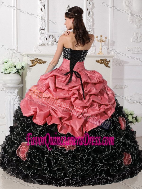 Red and Black Sweetheart Beaded Quinceanera Dress with Rolling Flowers