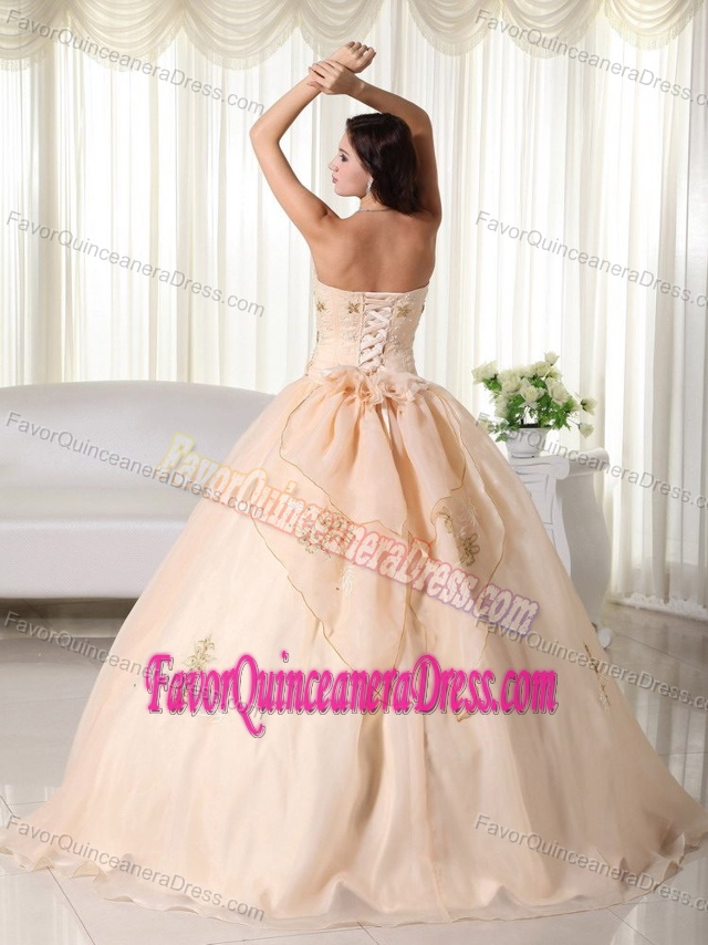 Champagne Strapless Organza Quinceanera Dress with Embroidery on Sale