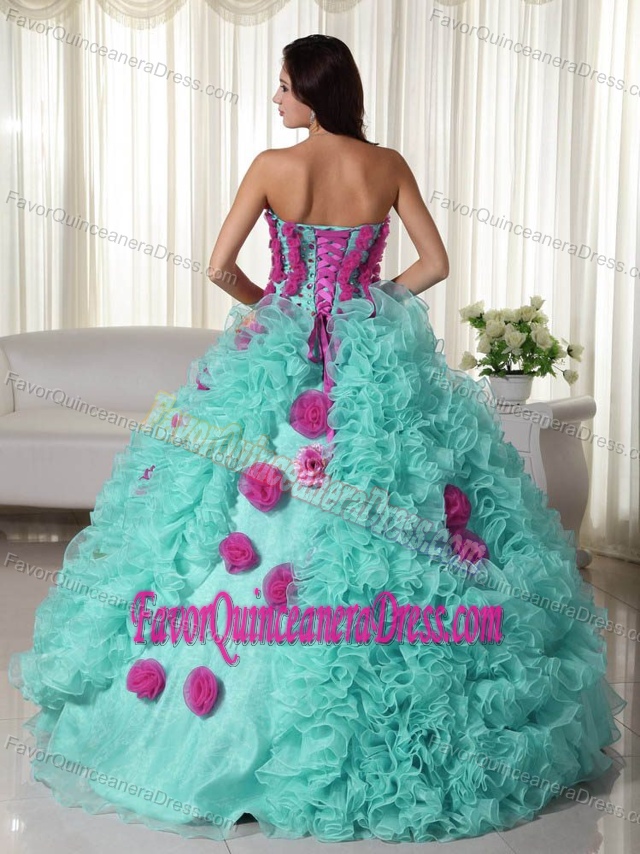 Baby Blue Ball Gown Quinceaneras Dress with Ruffles and Red Handmade Flowers