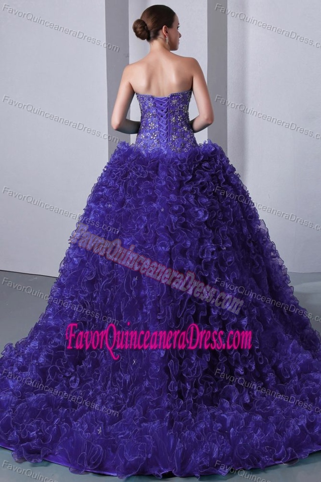 Cheap Strapless V-neck Quince Dresses in Blue with Ruffles and Appliques