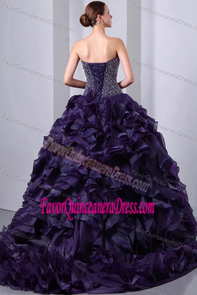 Dark Purple Sweetheart Quinceanera Gown Dresses with Ruffles and Beads