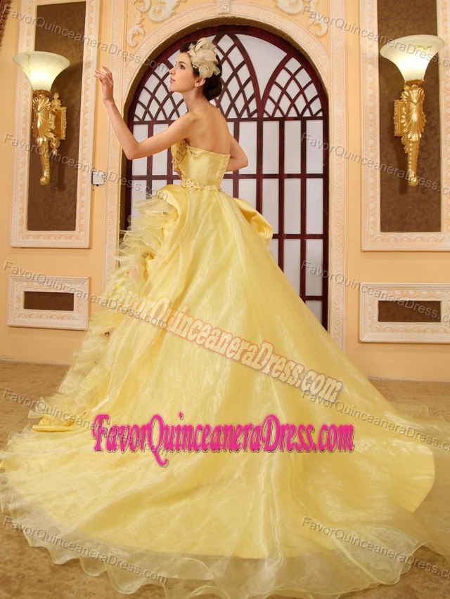 A-line Beaded and Ruffled Sweet 16 Dresses in Organza with Chapel Train