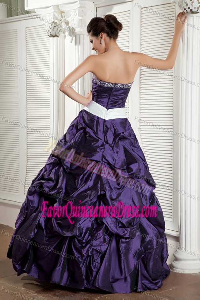 Sweetheart Taffeta Floor-length Quince Gown in Dark Purple with White Bowknot