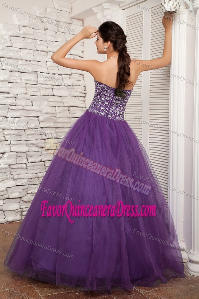 Cheap Purple A-line Sweetheart Quinceaneras Dress in Tulle with Beadings