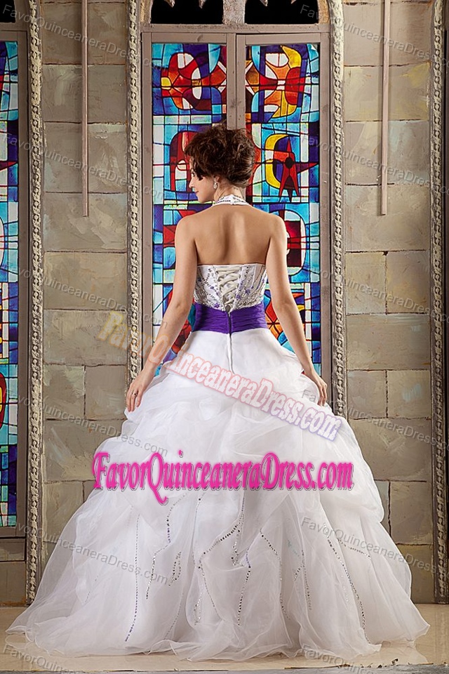 White Halter-top Quinceanera Gown Dresses with Purple Sash in Organza