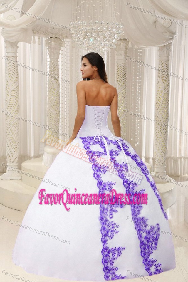 White Ball Gown Quinceaneras Dress with Purple Embroidery in the Mainstream