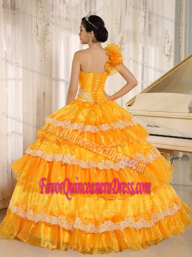One Shoulder Orange Quinceanera Dresses with Appliques and Ruffled Layers