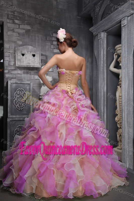 Multi-colored Ruffled Sweet Sixteen Quinceanera Dress with Handmade Flowers