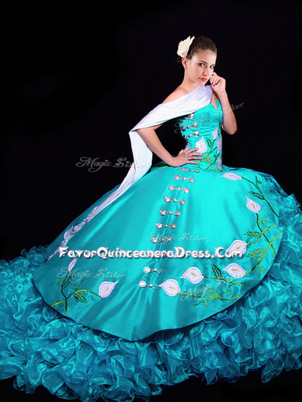  Aqua Blue Quinceanera Dresses Organza Brush Train Sleeveless Embroidery and Ruffles