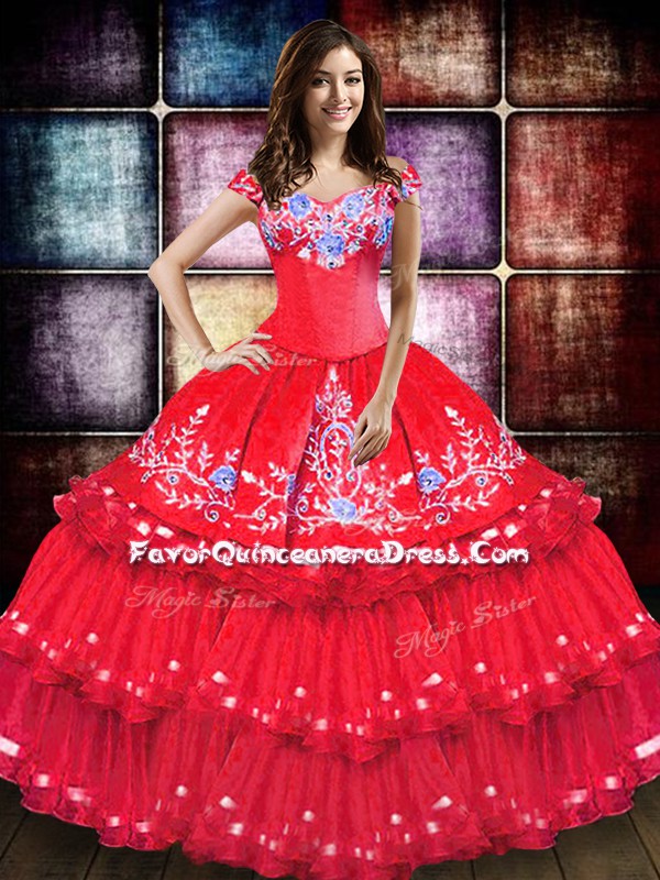 Smart Coral Red Ball Gowns Embroidery and Ruffled Layers Sweet 16 Dress Lace Up Taffeta Sleeveless Floor Length
