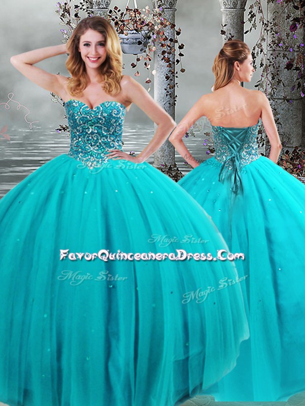  Sweetheart Sleeveless Sweet 16 Quinceanera Dress Floor Length Beading Aqua Blue Tulle