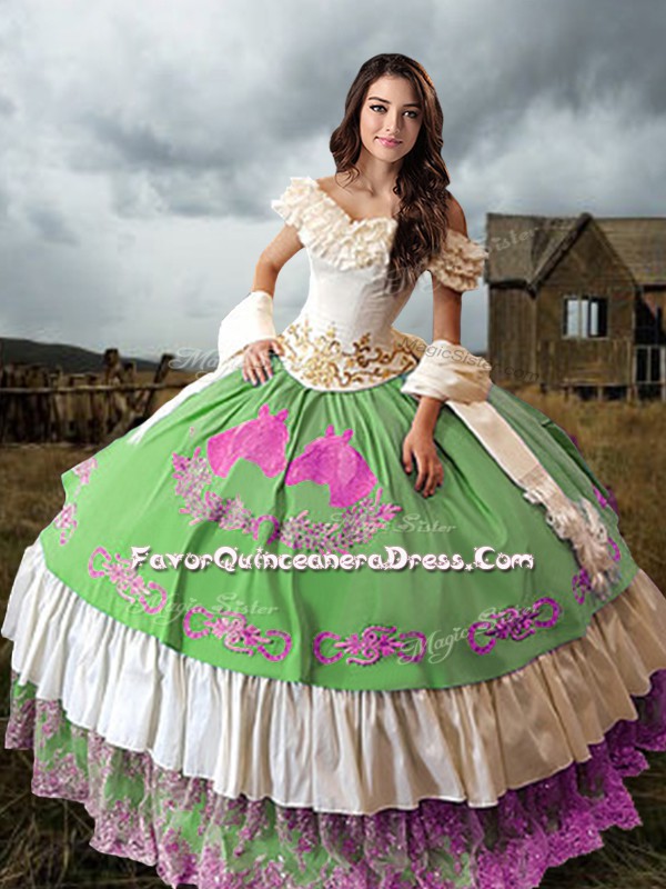 Designer Off The Shoulder Sleeveless Taffeta Sweet 16 Dress Embroidery and Ruffled Layers Lace Up