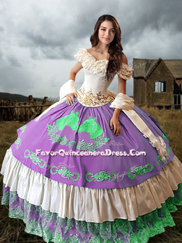  Multi-color Off The Shoulder Neckline Embroidery and Ruffled Layers Quinceanera Gown Sleeveless Lace Up