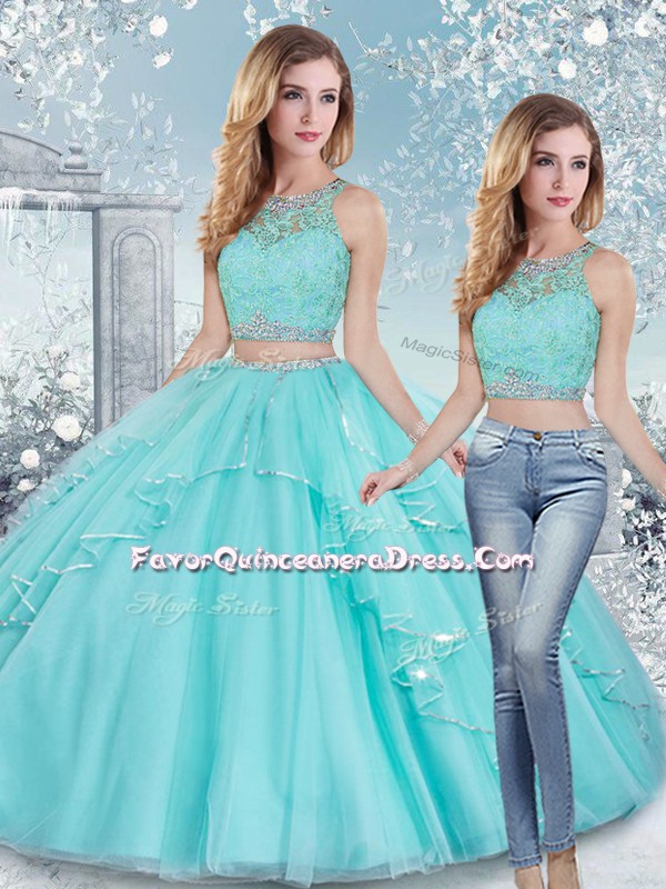  Floor Length Aqua Blue Quinceanera Gown Tulle Sleeveless Beading and Lace and Sashes ribbons