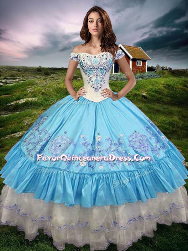  Floor Length Baby Blue Sweet 16 Quinceanera Dress Taffeta Sleeveless Beading and Embroidery and Ruffled Layers