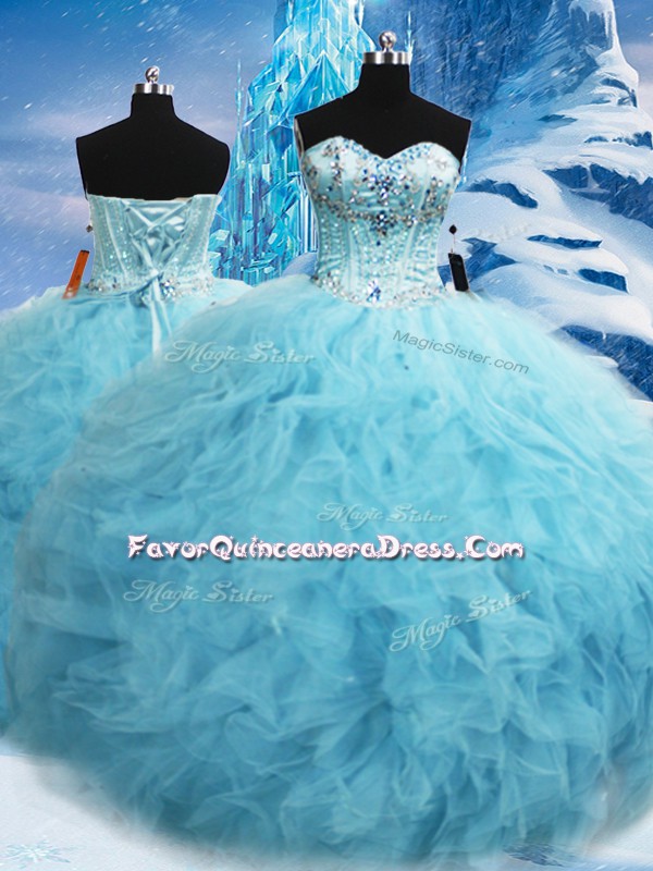  Aqua Blue Quinceanera Dress Military Ball and Sweet 16 and Quinceanera with Beading and Pick Ups Sweetheart Sleeveless Lace Up