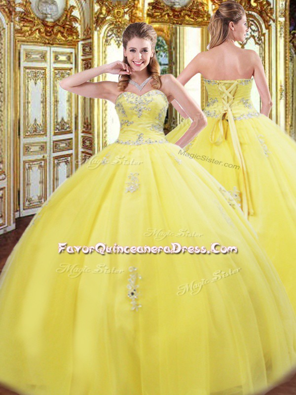 Flirting Yellow Ball Gowns Sweetheart Sleeveless Tulle Floor Length Lace Up Beading and Appliques Sweet 16 Dresses
