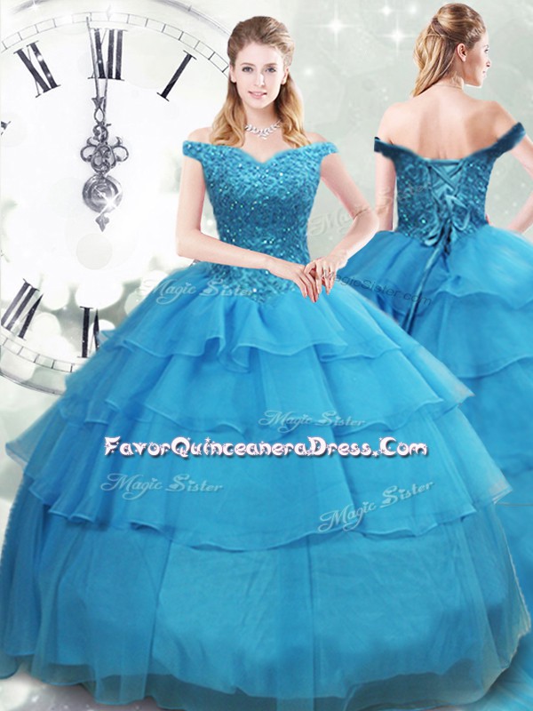  Beading and Ruffled Layers 15 Quinceanera Dress Baby Blue Lace Up Sleeveless Brush Train