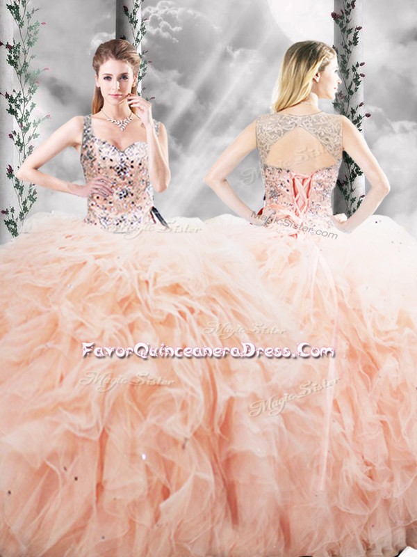 Excellent Ball Gowns Sweet 16 Dress Peach Straps Tulle Sleeveless Floor Length Lace Up