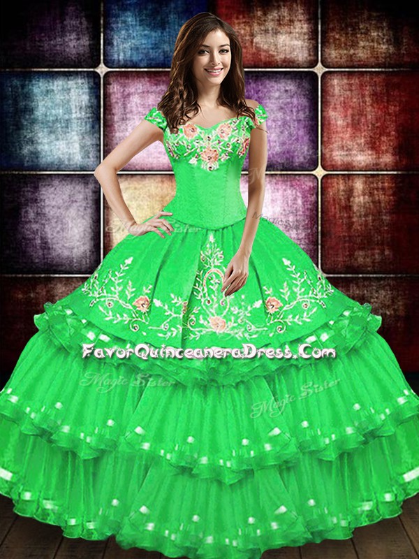 Dynamic Green Lace Up Off The Shoulder Embroidery and Ruffled Layers Ball Gown Prom Dress Taffeta Sleeveless