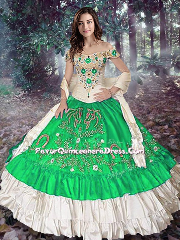 Flare Taffeta Off The Shoulder Sleeveless Lace Up Embroidery and Ruffled Layers Ball Gown Prom Dress in Green