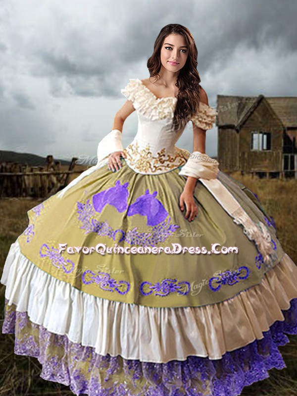  Sleeveless Brush Train Lace Up Embroidery and Ruffled Layers Quinceanera Gown