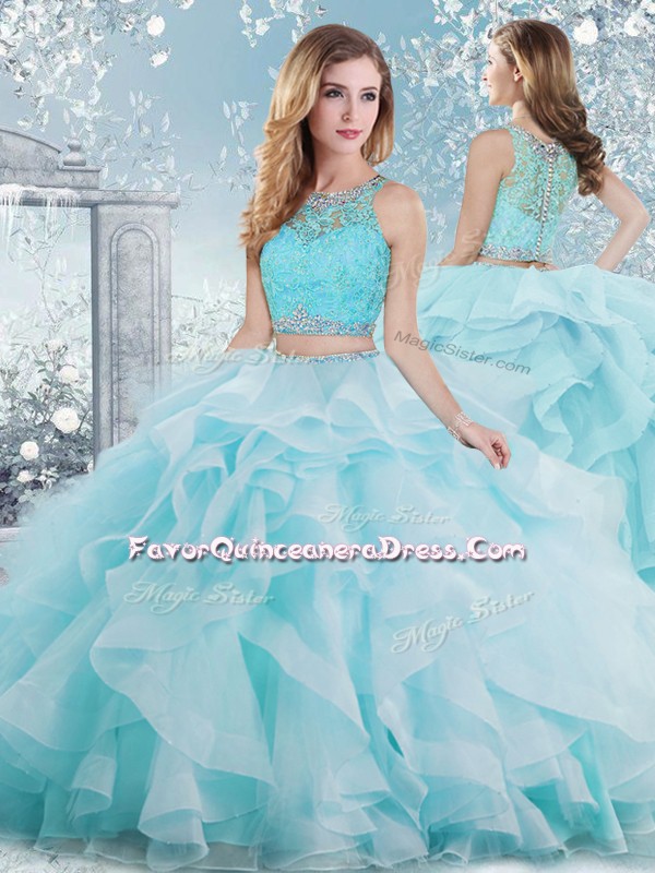  Floor Length Clasp Handle Quinceanera Gown Aqua Blue for Military Ball and Sweet 16 and Quinceanera with Beading and Ruffles