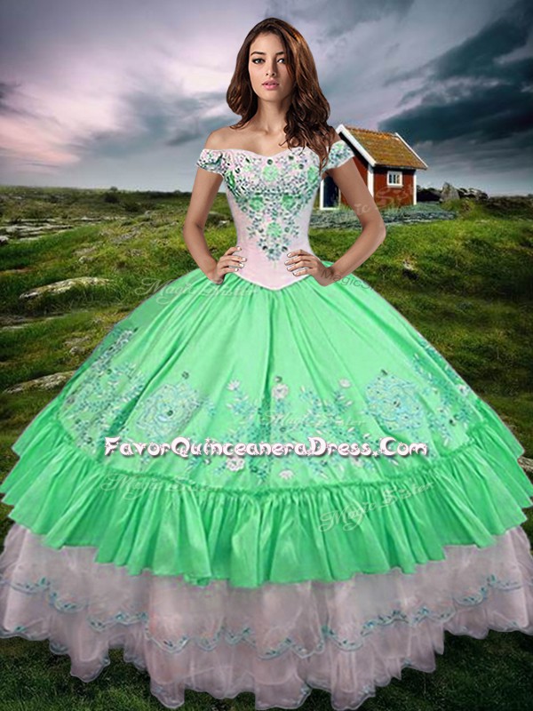 Clearance Green Sleeveless Floor Length Beading and Embroidery and Ruffled Layers Lace Up 15th Birthday Dress