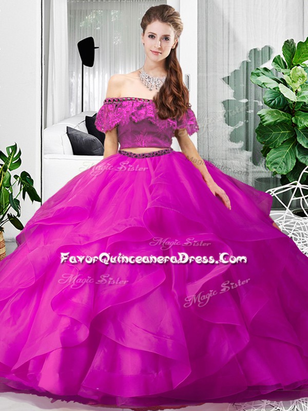  Two Pieces 15th Birthday Dress Fuchsia Off The Shoulder Tulle Sleeveless Floor Length Lace Up