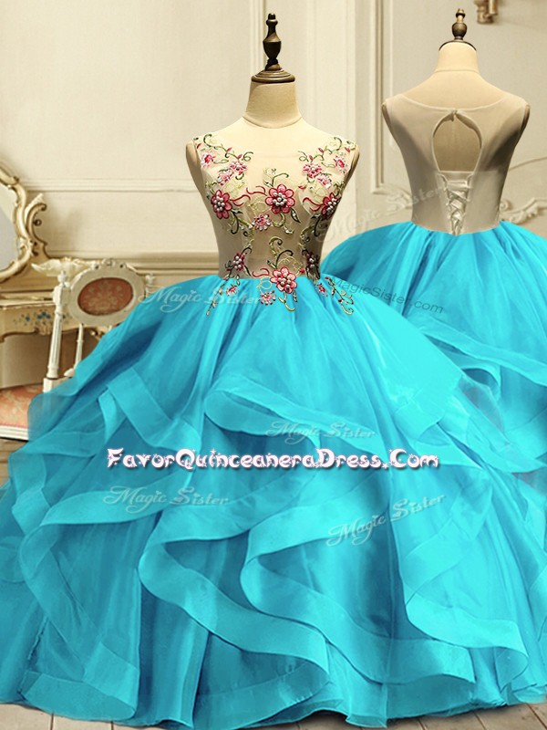  Aqua Blue Ball Gowns Organza Scoop Sleeveless Appliques and Ruffles Floor Length Lace Up Quinceanera Gown
