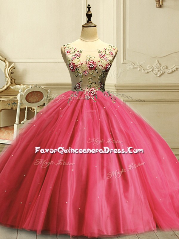  Floor Length Lace Up Sweet 16 Quinceanera Dress Coral Red for Military Ball and Quinceanera with Appliques and Sequins