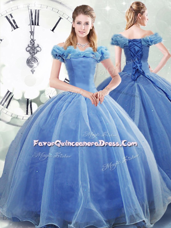 Vintage Lace Up Quinceanera Dresses Light Blue for Military Ball and Sweet 16 and Quinceanera with Pick Ups Brush Train