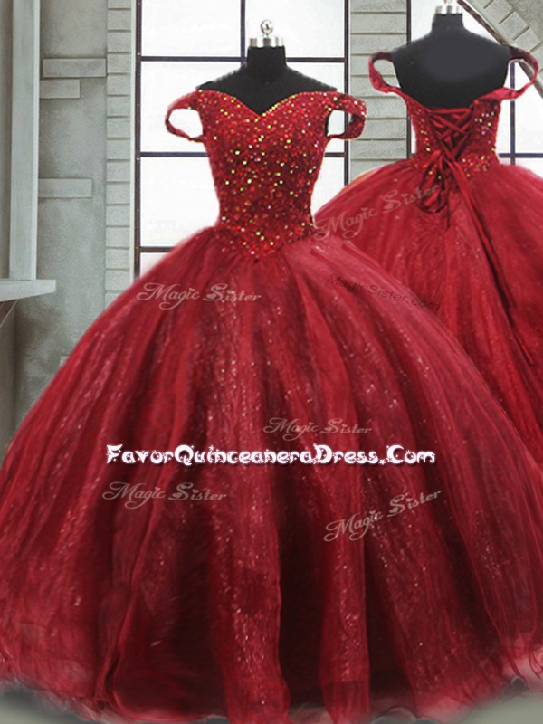  Wine Red Lace Up Off The Shoulder Beading Sweet 16 Dresses Tulle Sleeveless Brush Train