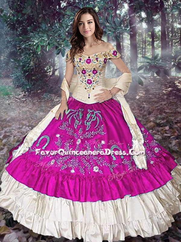 Sumptuous Fuchsia Ball Gowns Off The Shoulder Sleeveless Taffeta Floor Length Lace Up Embroidery and Ruffled Layers Quince Ball Gowns